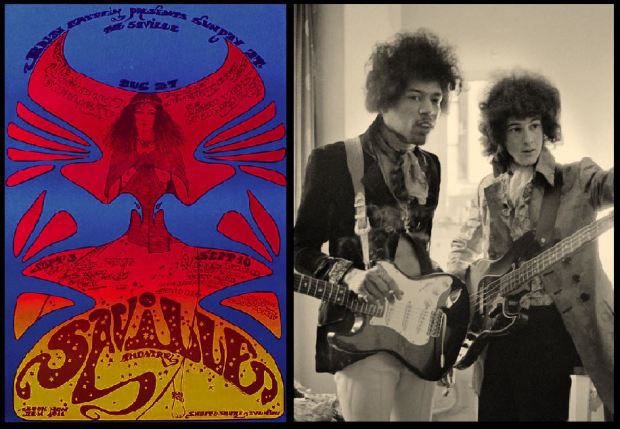 Left: Poster advertising the Jimi Hendrix Experience at the Saville Theatre. Right: Jimi Hendrix and Noel Redding backstage at the theatre